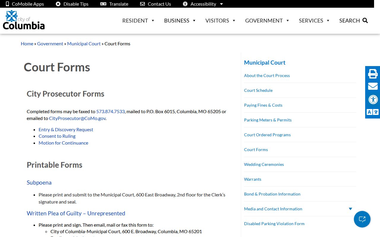 Boone County civil court records, Columbia municipal court forms