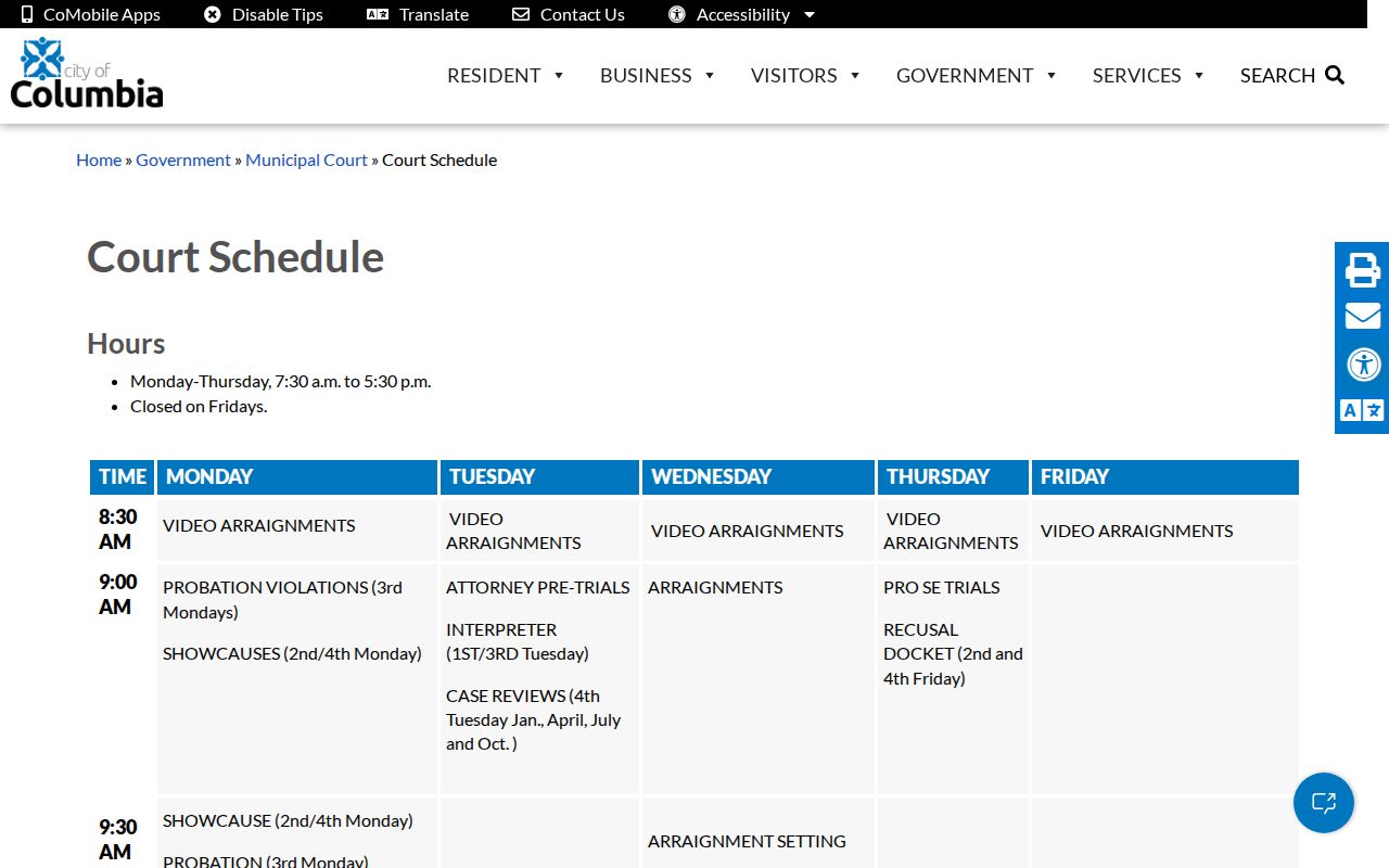 Boone County court schedule, Columbia municipal court setting calendar