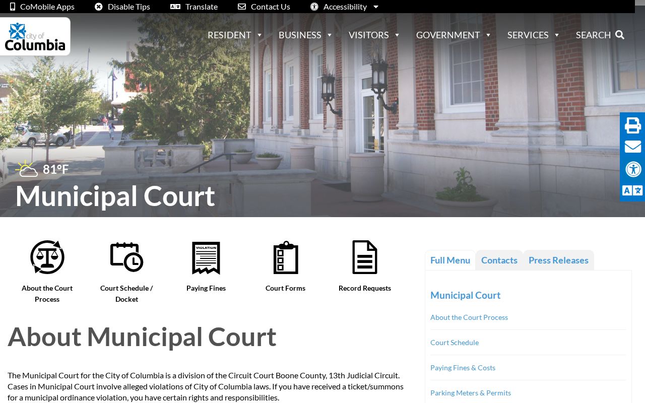 Boone County traffic court records access through the Columbia Municipal Court official page