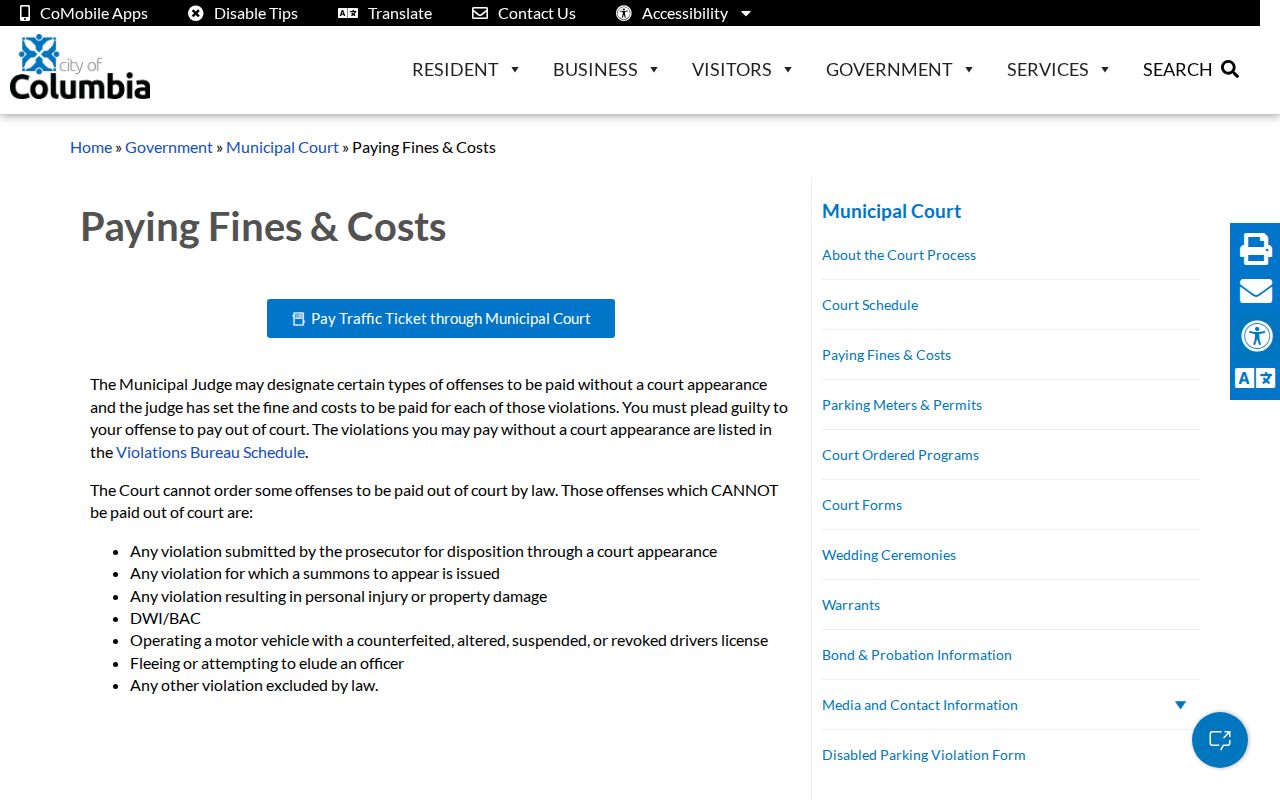Boone County traffic court records and payment distinction on Columbia Municipal Court payment page